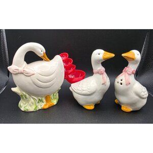 Vintage JSNY Country Geese Goose Salt & Pepper Shakers Measuring Spoon Holder